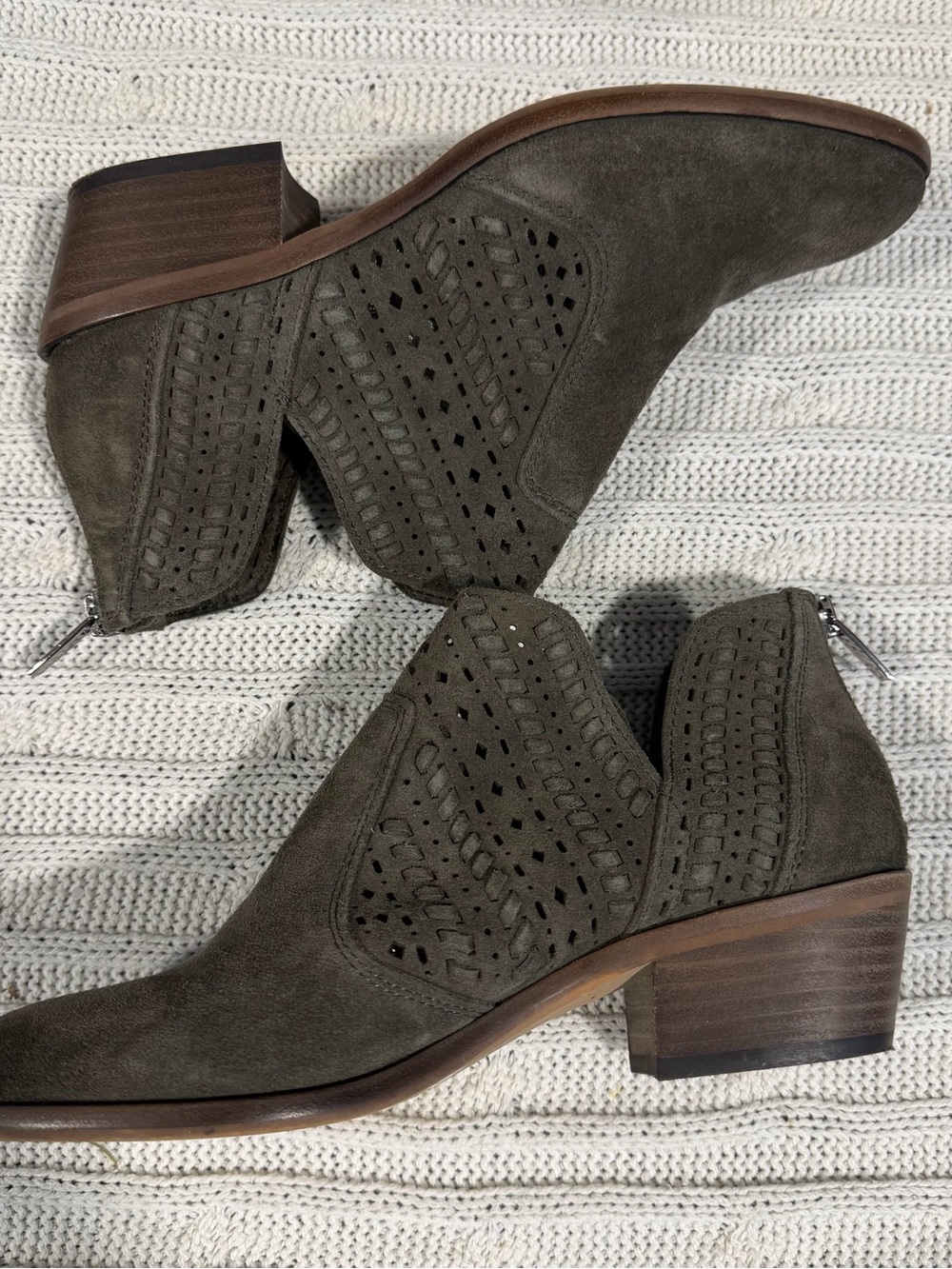 Vince Camuto Olive Green Suede Cutout Ankle Booties - Picture 2 of 5
